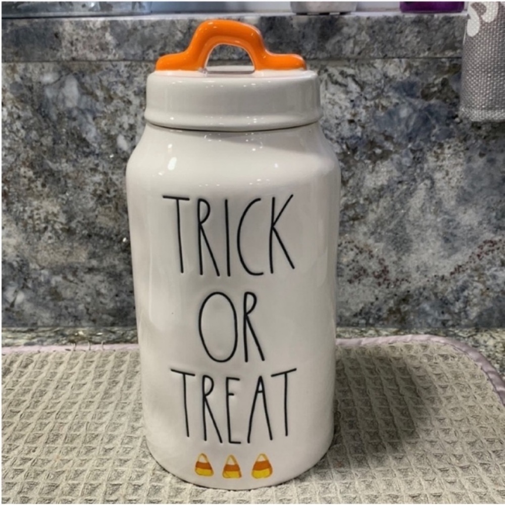 NWT Rae Dunn Halloween Canister Trick Or Treat Candy Corn Ceramic Jar